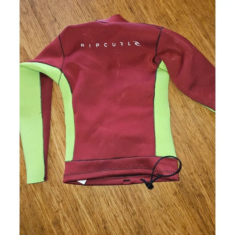 RIP CURL Kids Wetsuit Top Shirt Rashguard Long Sleeve Maroon Neon Green Size 8